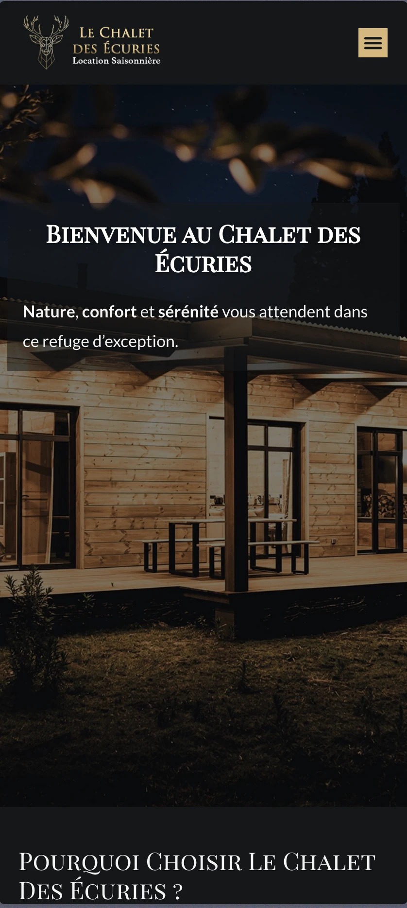 Vue mobile du site Le Chalet des Écuries