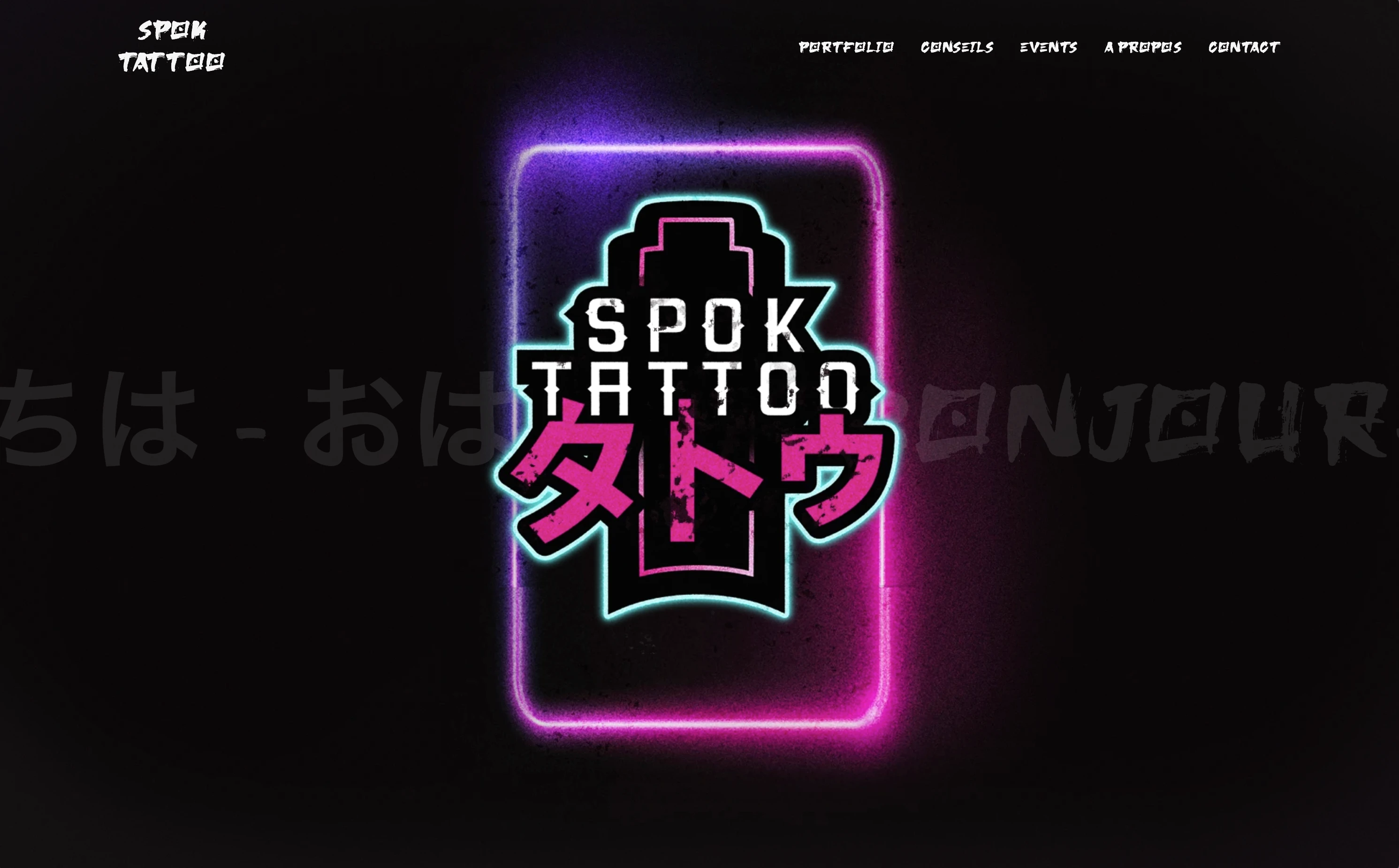 Spok Tattoo — page d'accueil avec esthétique synthwave cyberpunk