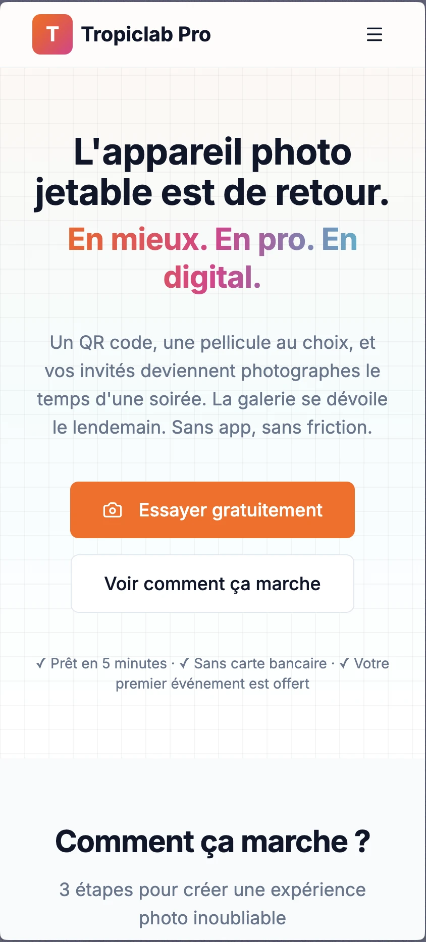 Vue mobile de l'interface de prise de vue Tropiclab